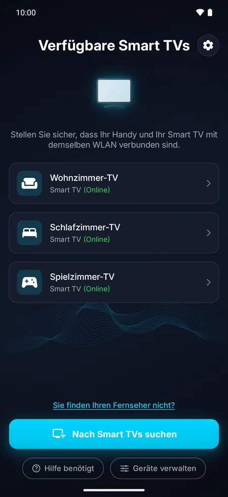 App-Bildschirm mit den im WLAN gefundenen Smart-TVs