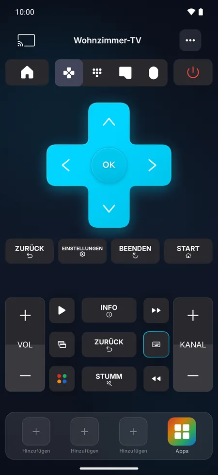 Fernbedienung mit Steuerkreuz sowie Lautstärke-, Kanal- und Wiedergabetasten