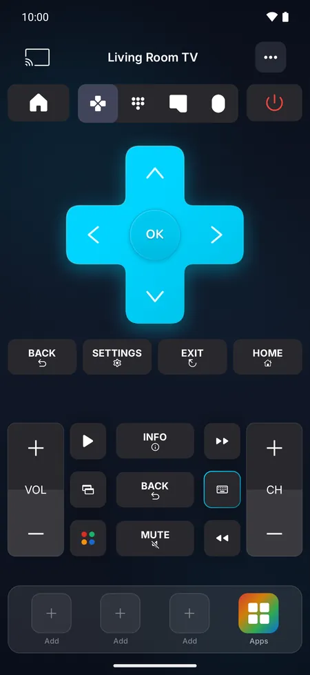 Remote screen with the direction pad, volume, channel and playback buttons