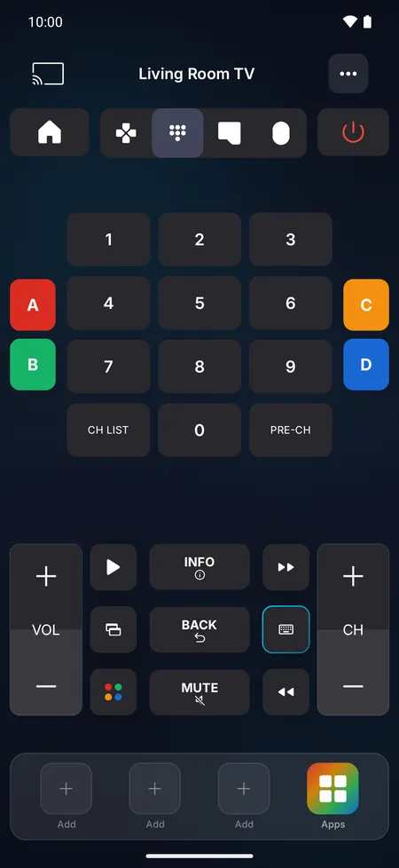 Number pad with color keys and channel buttons