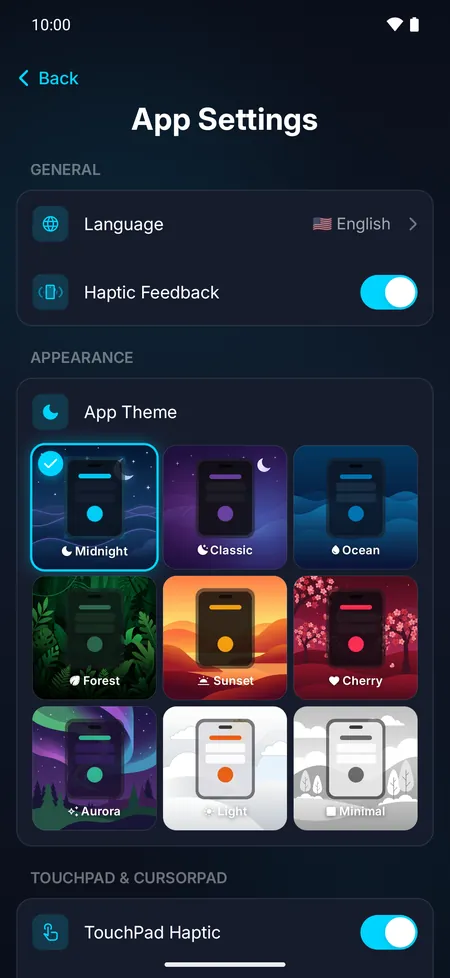 App settings with the choice of 9 themes