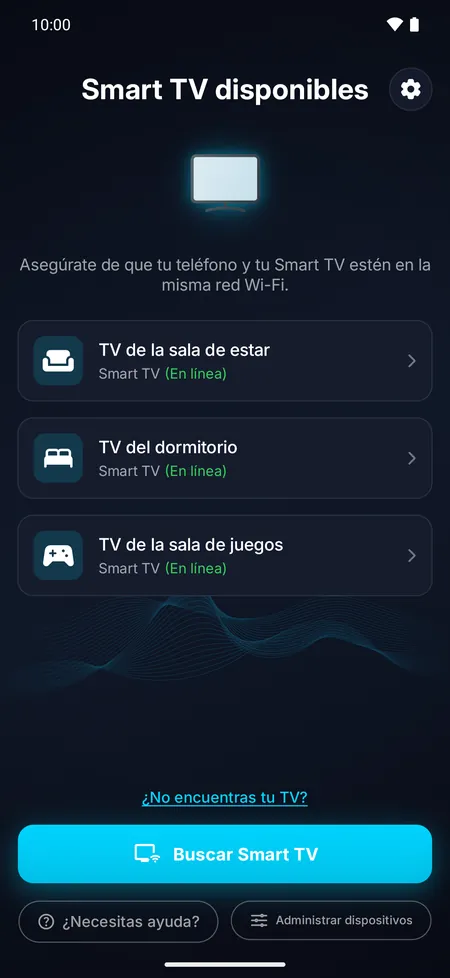 Pantalla de la app con la lista de las Smart TV encontradas en la red Wi-Fi