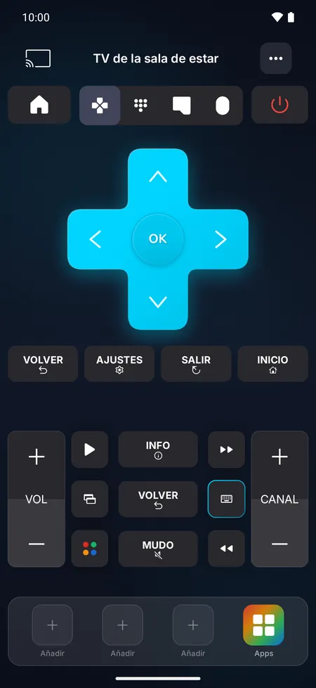 Pantalla del control remoto con flechas de dirección y botones de volumen, canales y reproducción