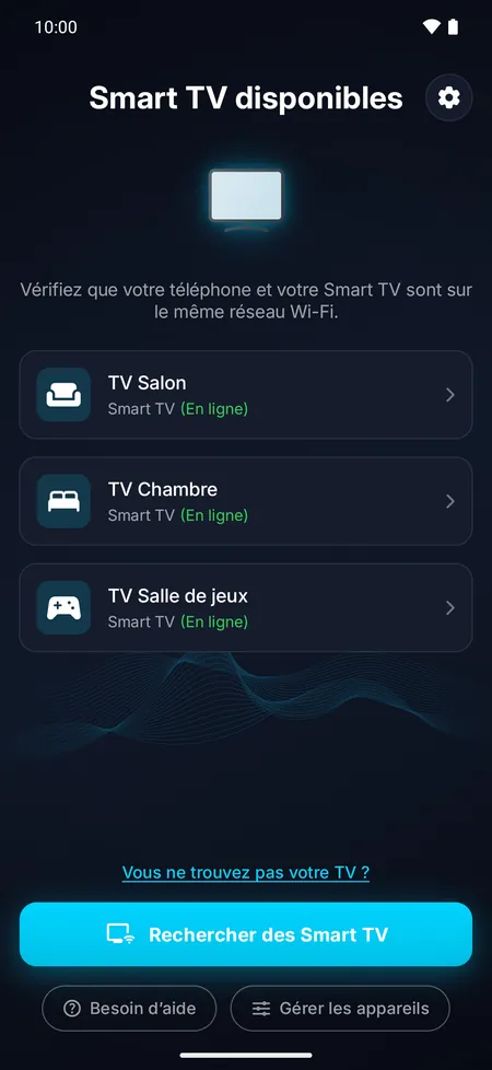 Écran de l’app listant les Smart TV trouvées sur le réseau Wi-Fi