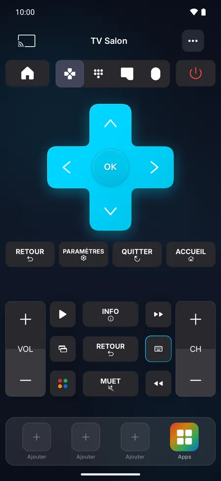 Écran de la télécommande avec le pavé directionnel et les boutons de volume, de chaînes et de lecture