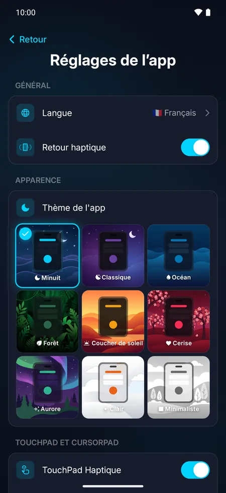 Réglages de l’app avec le choix parmi 9 thèmes