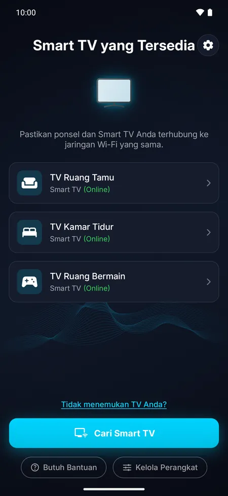 Layar aplikasi yang menampilkan daftar Smart TV yang ditemukan di jaringan Wi-Fi
