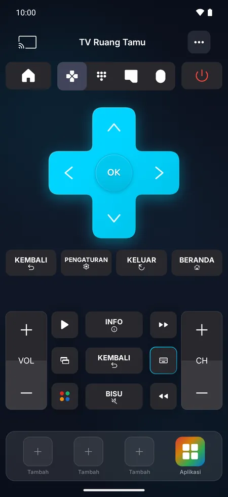Layar remote dengan tombol arah, volume, saluran, dan pemutaran
