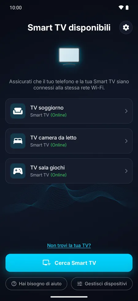 Schermata dell’app con l’elenco delle Smart TV trovate sulla rete Wi-Fi