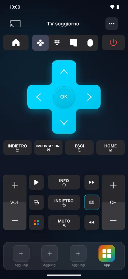 Schermata del telecomando con tasti direzionali, volume, canali e riproduzione