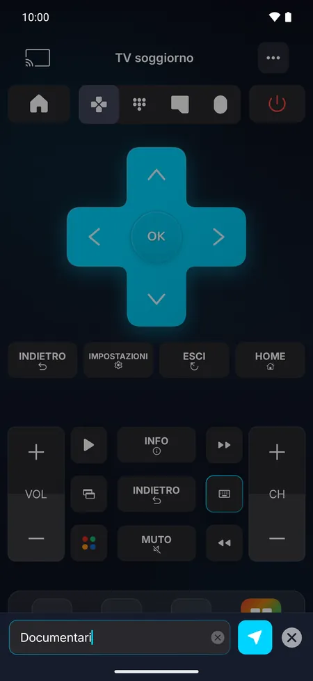 Schermata della tastiera: il testo digitato sul telefono viene inviato alla TV