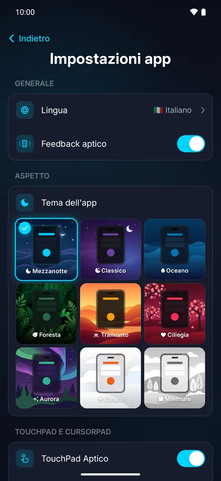 Impostazioni dell’app con la scelta tra 9 temi