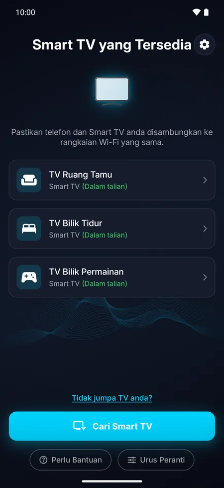 Skrin aplikasi yang menyenaraikan Smart TV yang ditemui pada rangkaian Wi-Fi