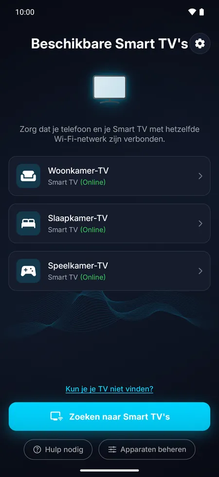 Appscherm met de Smart TV's die in het Wi-Fi-netwerk zijn gevonden