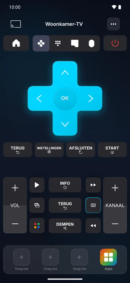 Afstandsbedieningsscherm met de pijltoetsen en knoppen voor volume, zenders en afspelen
