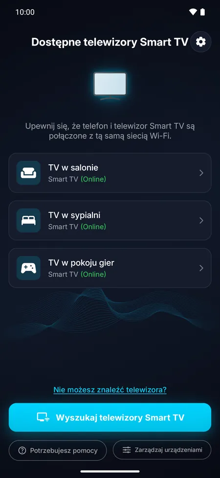 Ekran aplikacji z listą telewizorów Smart TV znalezionych w sieci Wi-Fi
