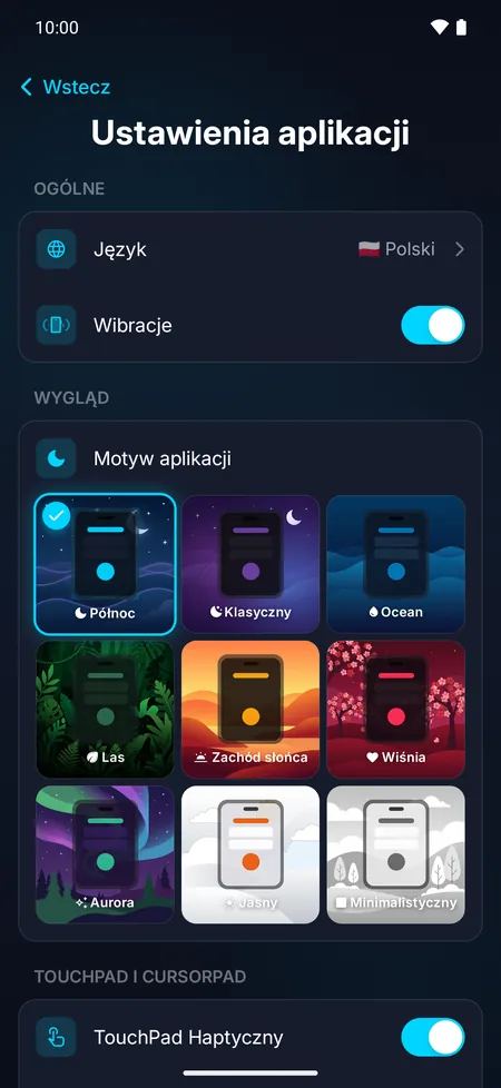 Ustawienia aplikacji z wyborem 9 motywów
