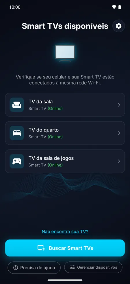 Tela do app com a lista de Smart TVs encontradas na rede Wi-Fi