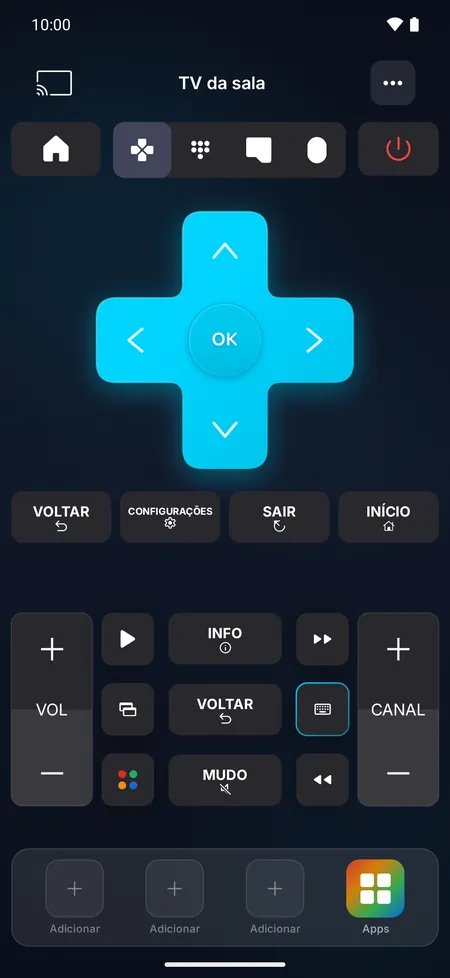 Tela do controle com botões direcionais, volume, canais e reprodução