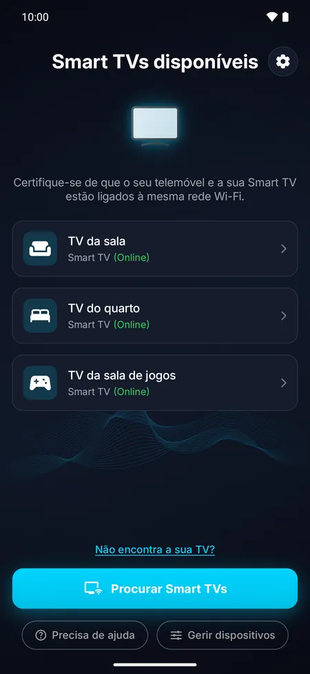 Ecrã da app com a lista das Smart TVs encontradas na rede Wi-Fi