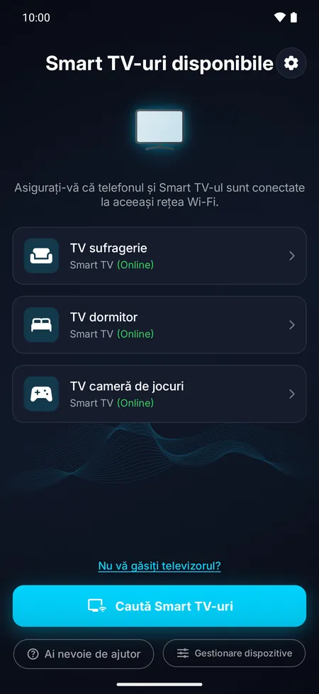 Ecranul aplicației cu televizoarele Smart TV găsite în rețeaua Wi-Fi