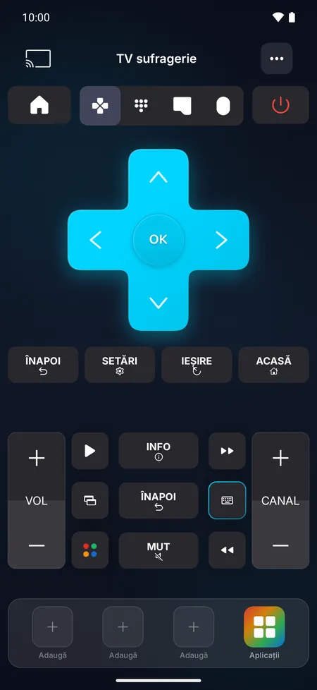 Ecranul telecomenzii cu săgețile de navigare și butoanele de volum, canale și redare