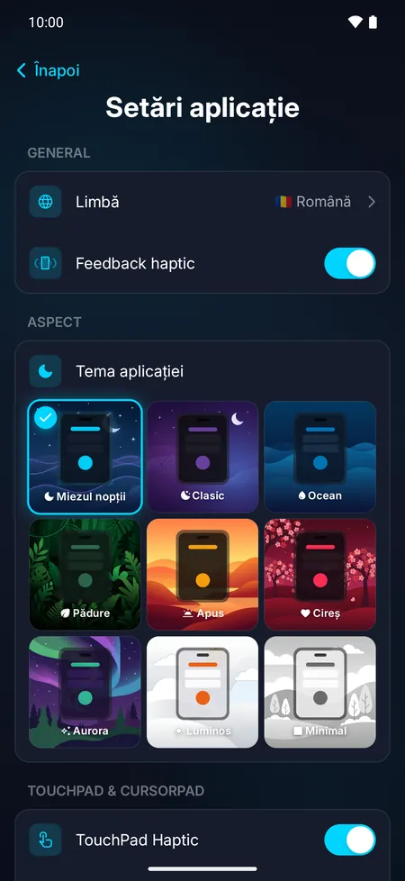 Setările aplicației, cu cele 9 teme disponibile