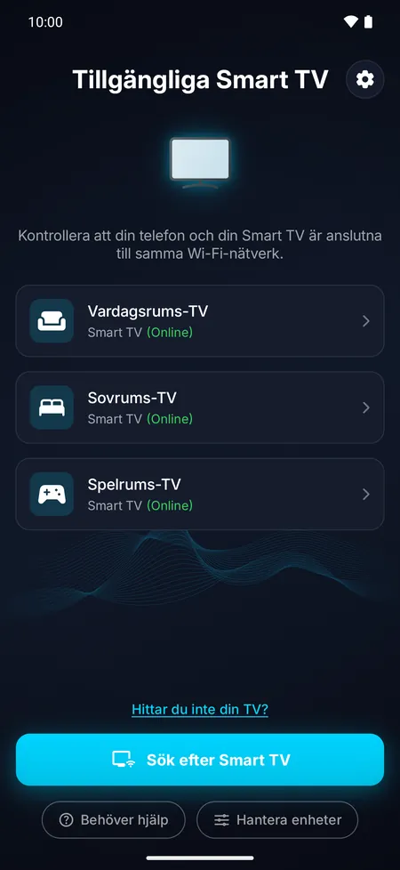 Appskärm som listar de smart-TV-apparater som hittats i Wi-Fi-nätverket