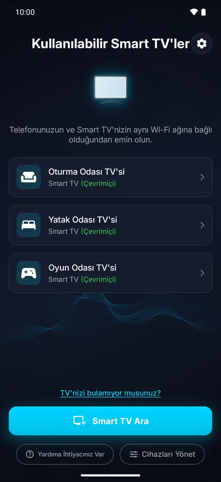 Wi-Fi ağında bulunan akıllı TV'leri listeleyen uygulama ekranı