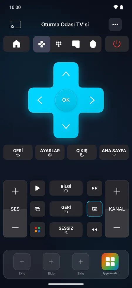 Yön tuşları, ses, kanal ve oynatma düğmeleriyle kumanda ekranı