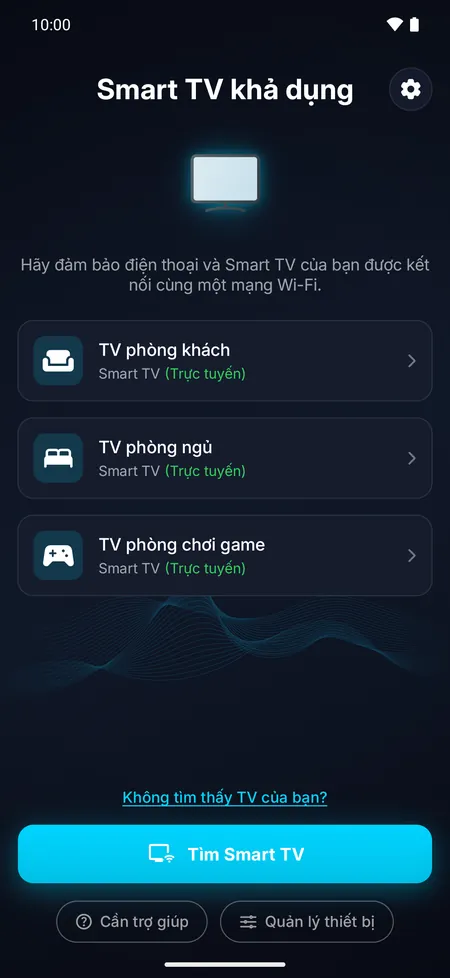 Màn hình ứng dụng liệt kê các Smart TV tìm thấy trong mạng Wi-Fi