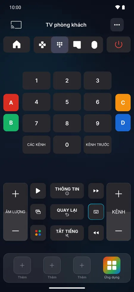 Bàn phím số với các phím màu và nút chuyển kênh